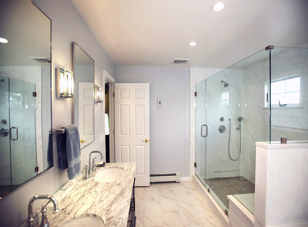 Islip, NY bathroom addition with walk-in shower and double vanity by Kuhn Construction