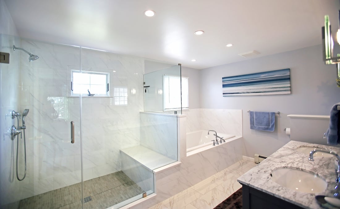 frameless glass shower with separate soaking tub