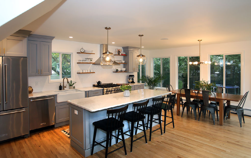 medium grey remodeled kitchen and dining